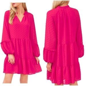 CeCe NWT Clip Dot Ruffle Long Sleeve Shift Dress in
Bright Rose XS